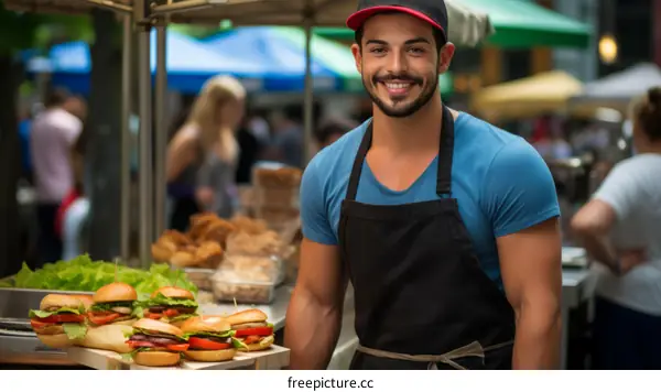 Portrait of a happy male food vendor at a street food market