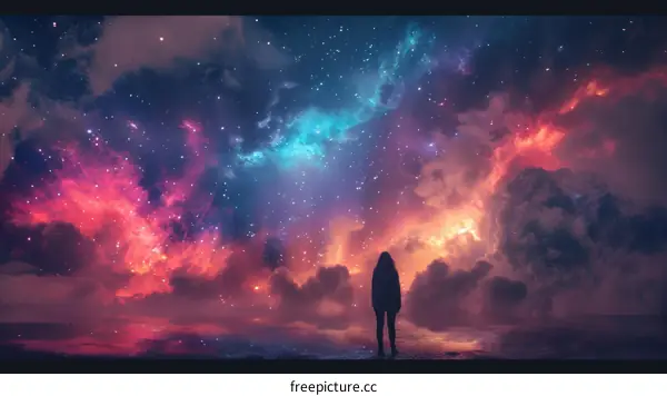 girl standing alone in front of beautiful nebula