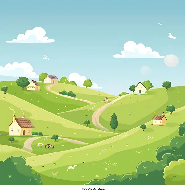 Green Hills Countryside Landscape Illustration