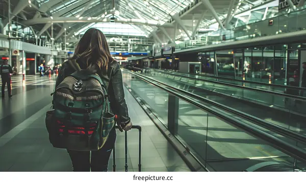Woman with Backpack Walking on Moving Walkway in Airport