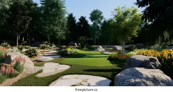 Stone Pathway in a Lush Garden Surrounded by Trees