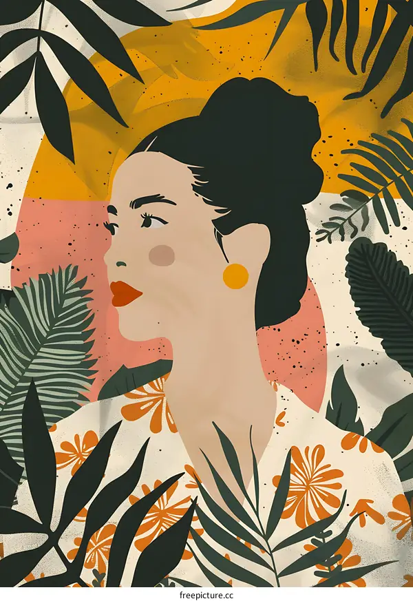 Woman with Tropical Leaves Illustration
