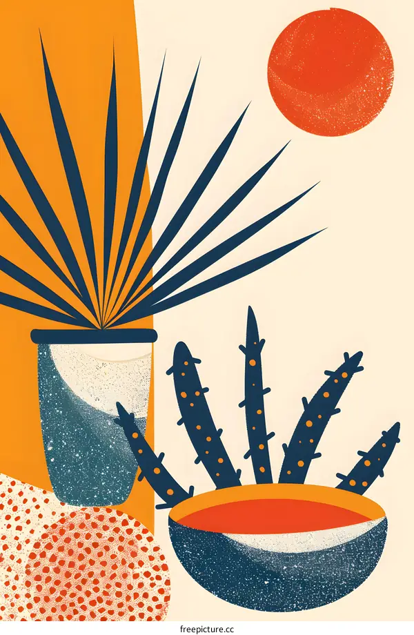 Abstract Art Print with Palm Plant and Cactus in Pots