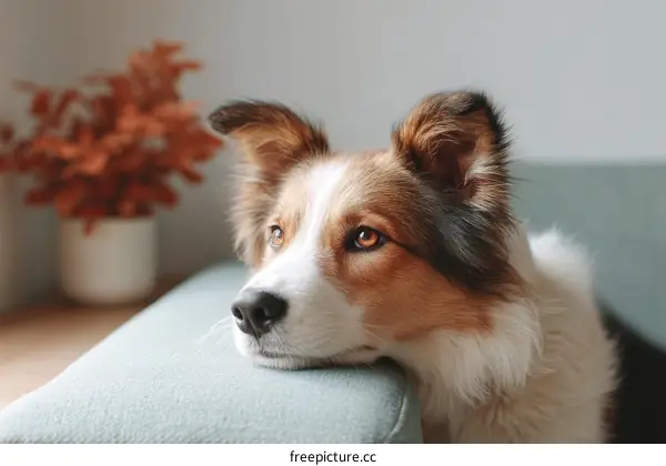 A Border Collie Dog Leaning on a Couch