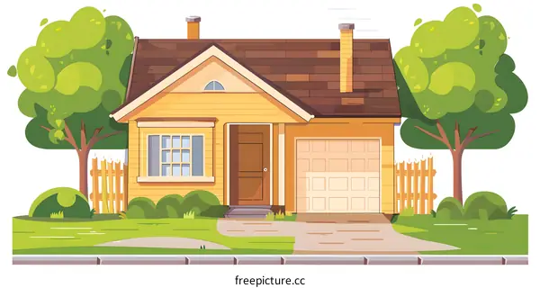 Yellow Suburban House with Green Trees