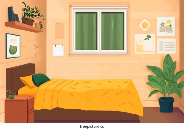 Simple Yellow and Green Bedroom Illustration