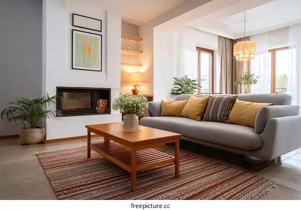 Modern Cozy Living Room with Fireplace and Sofa
