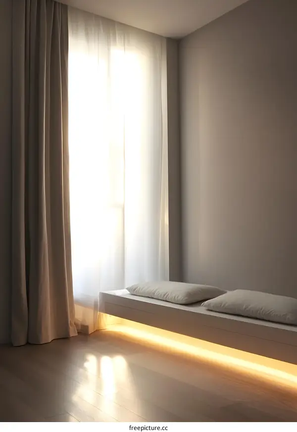 Modern Minimalist Window Seat with White Pillows and Light Strip