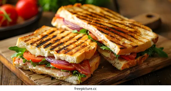 Grilled panini sandwiches on a wooden cutting board