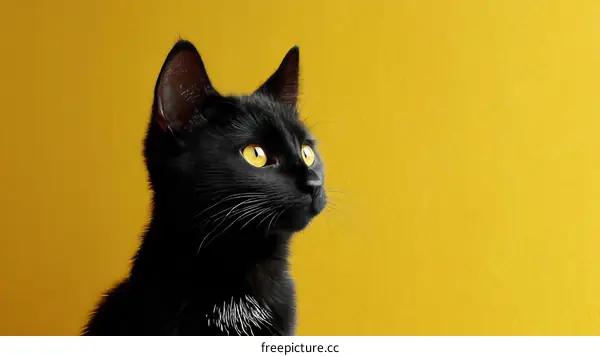 Black Cat Portrait Against Bright Yellow Background