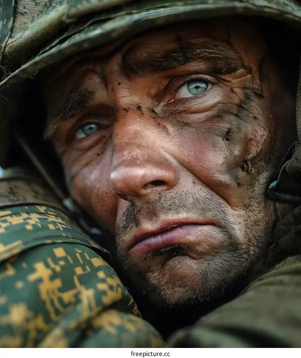 Portrait of a male soldier with blue eyes and a dirty face