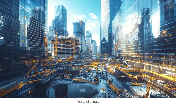 Urban Construction Site Surrounded by Modern High-Rise Buildings