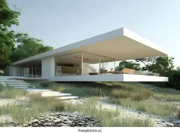 Modern White House with Glass Walls and Patio