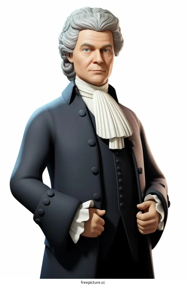 3D illustration of a man wearing a powdered wig and a blue coat
