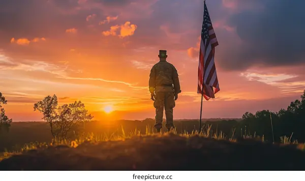 Soldier standing in front of American flag at sunset
