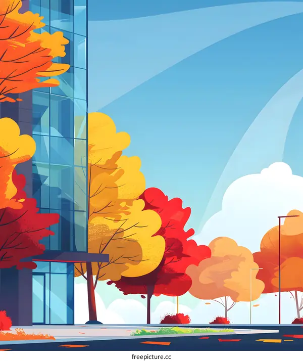 Autumn Street Scene with Trees and Modern Building