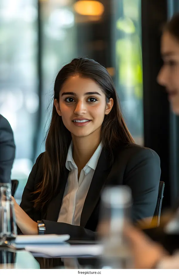 Smiling Businesswoman in Meeting with Colleague