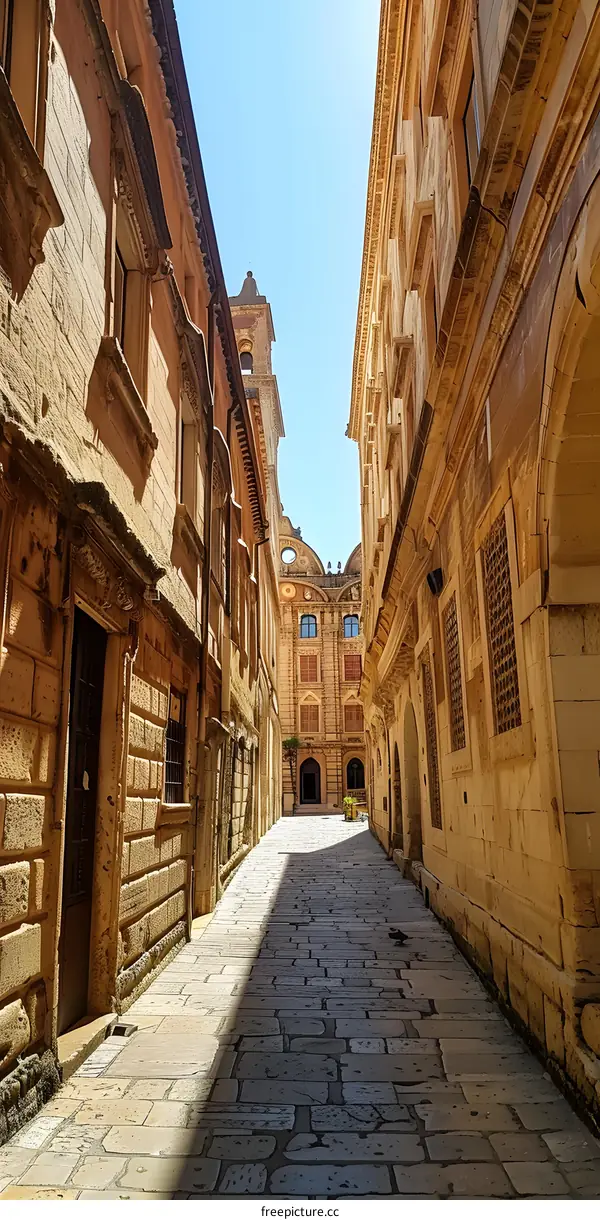 A narrow street with stone buildings on both sides and a blue sky above