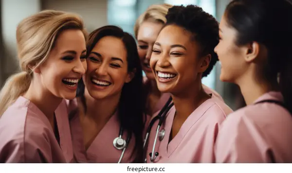 A group of diverse female nurses laughing together in a hospital hallway