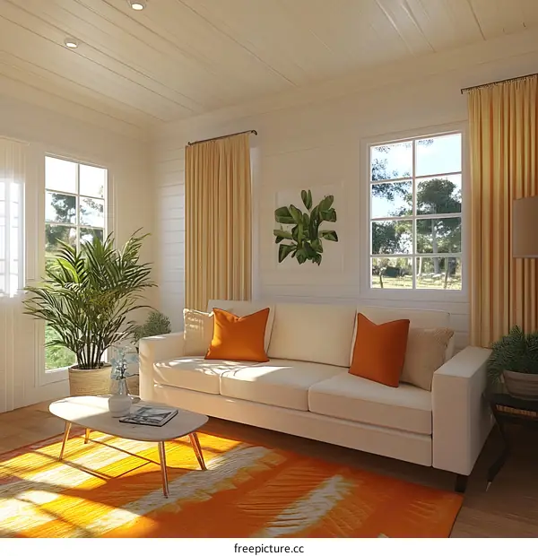 Modern Living Room Interior Design with White Sofa and Orange Pillows