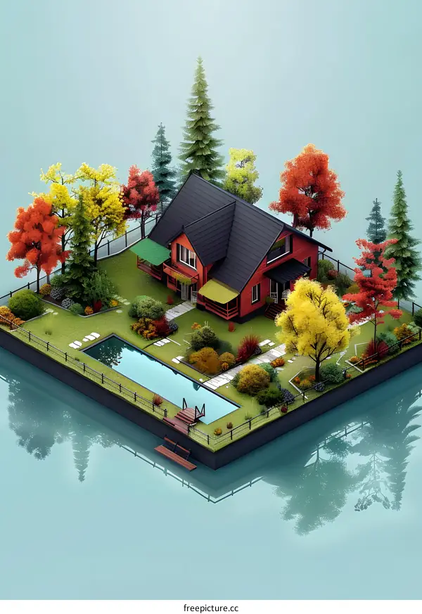 Autumn House with Swimming Pool Isometric Illustration