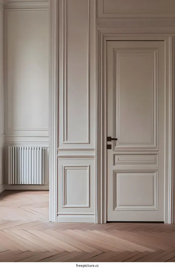 White Door With Paneling and Chevron Wood Floor