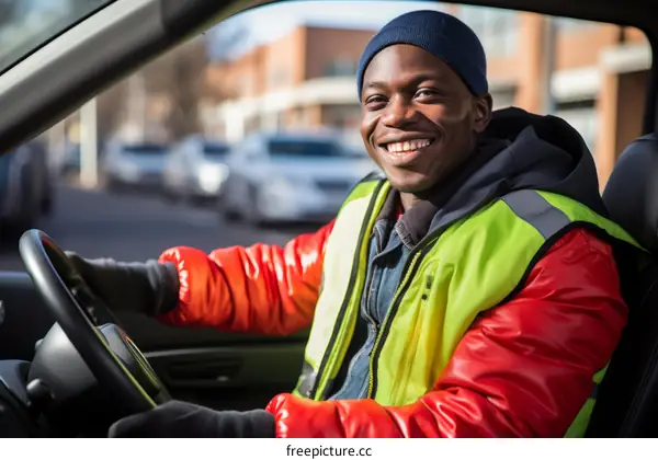 Happy delivery man driving his car