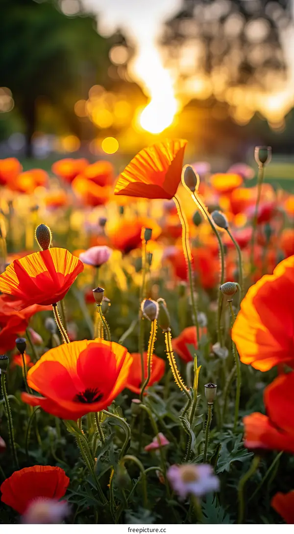 Field of red poppies at sunset