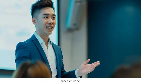 Asian Man Giving Presentation in a Business Meeting