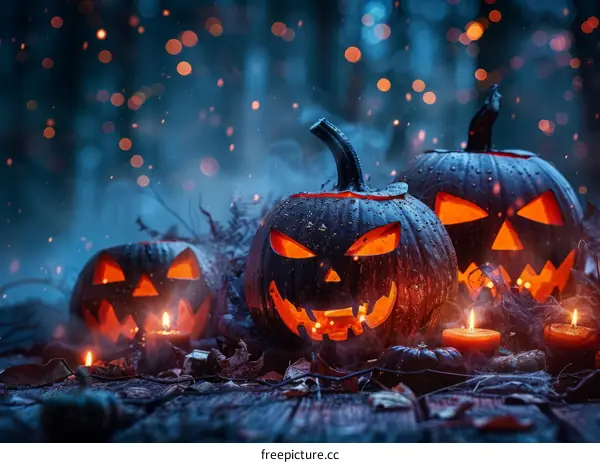 Halloween pumpkins in a spooky forest
