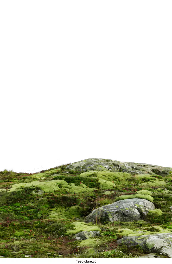 [Transparent Background PNG]Green Moss Covered Rocky Hilltop Under Grey Sky