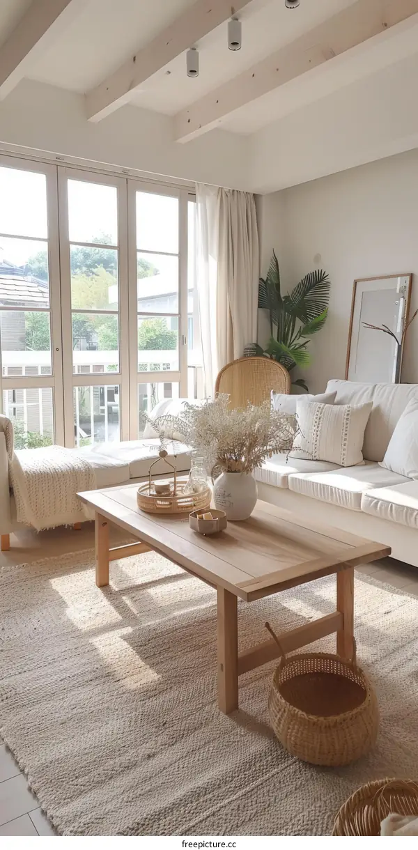 Airy and bright living room with white walls and large windows