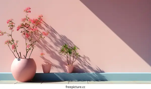 Pink wall with potted plants