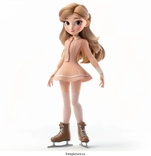 Adorable Cartoon Girl with Long Blonde Hair on Ice Skates