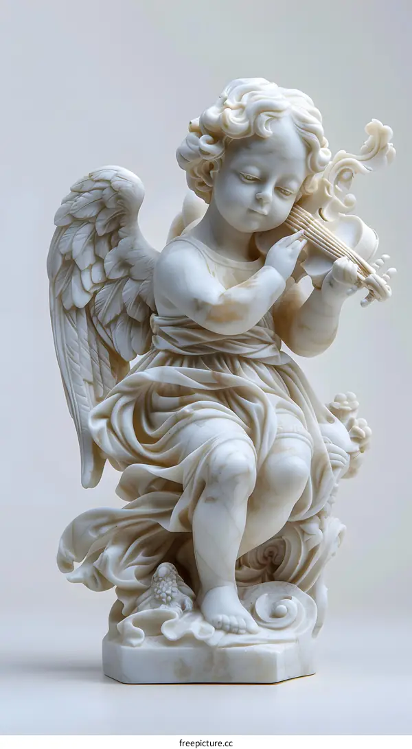 White Marble Angel Statue Playing Violin