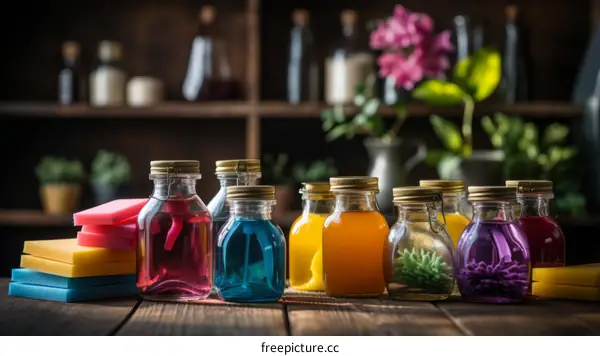 Colorful Cleaning Supplies in Glass Bottles on a Wooden Table