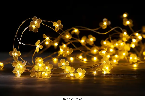 A string of yellow flower-shaped lights on a dark background