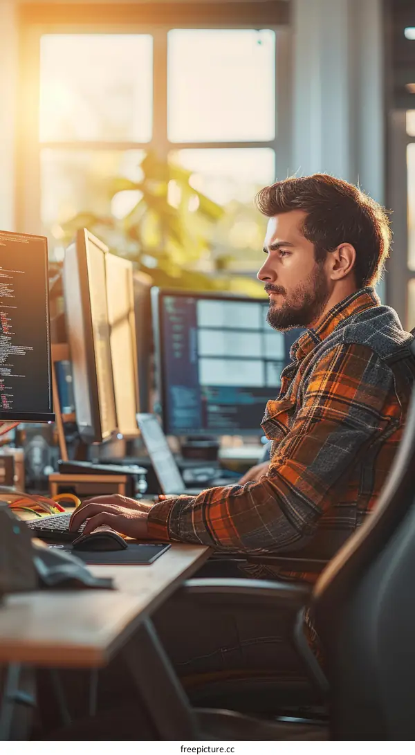 Male software developer working on code in the office