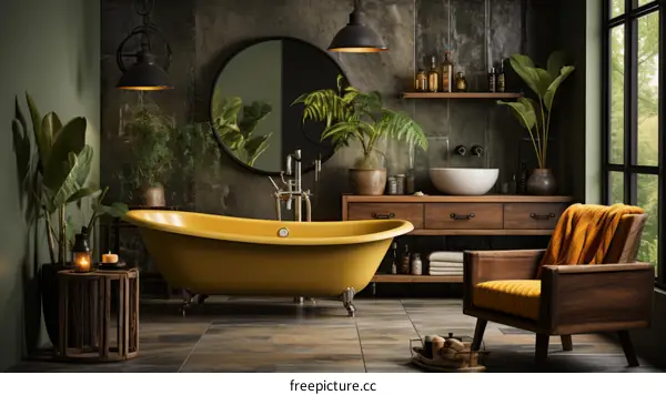 Bathroom interior with yellow bathtub and wooden chair