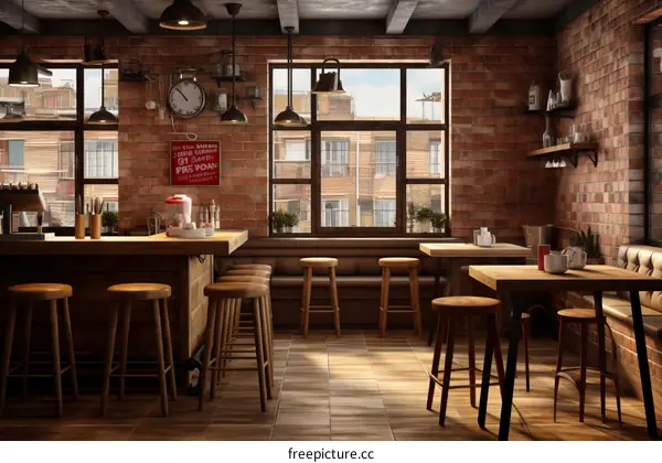 cozy retro cafe interior with brick walls and wooden furniture
