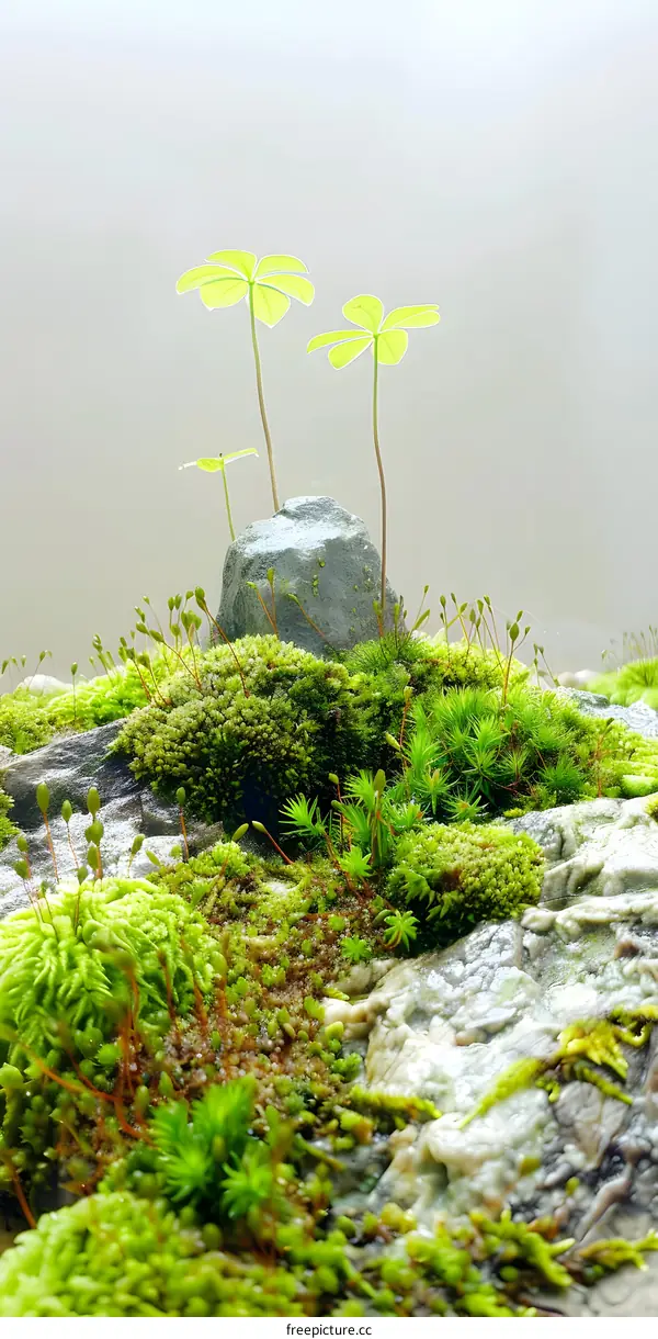 Green Moss and Small Plants on Stone
