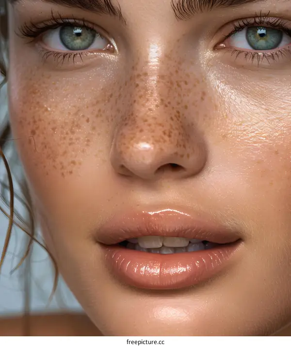 Close up Beauty Portrait of Young Caucasian Woman with Freckles