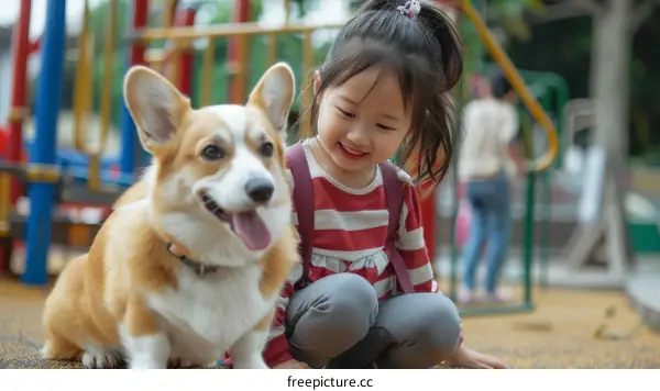 Asian toddler girl playing with a corgi dog at the playground