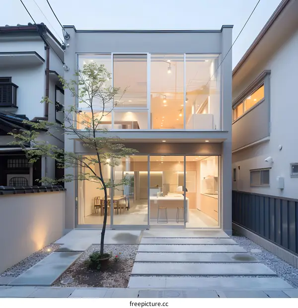 Modern House with Large Glass Windows and a Small Garden