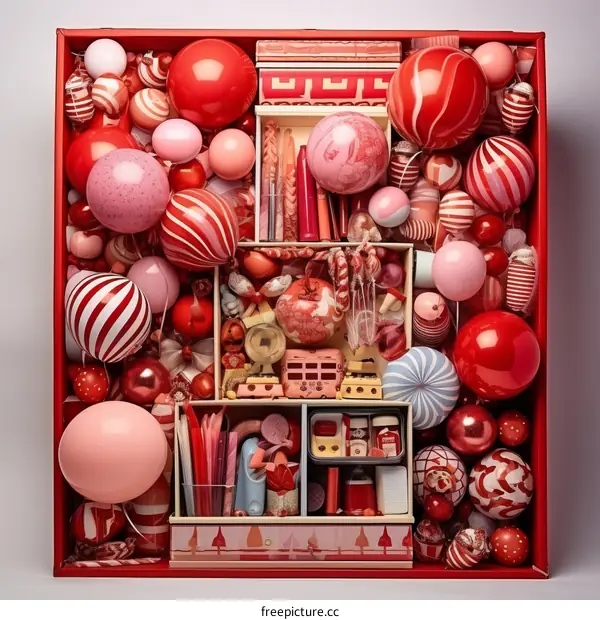 Red and pink Christmas ornaments and decorations in a red box