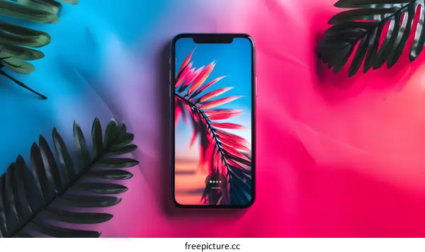 Smartphone with Tropical Leaves Background