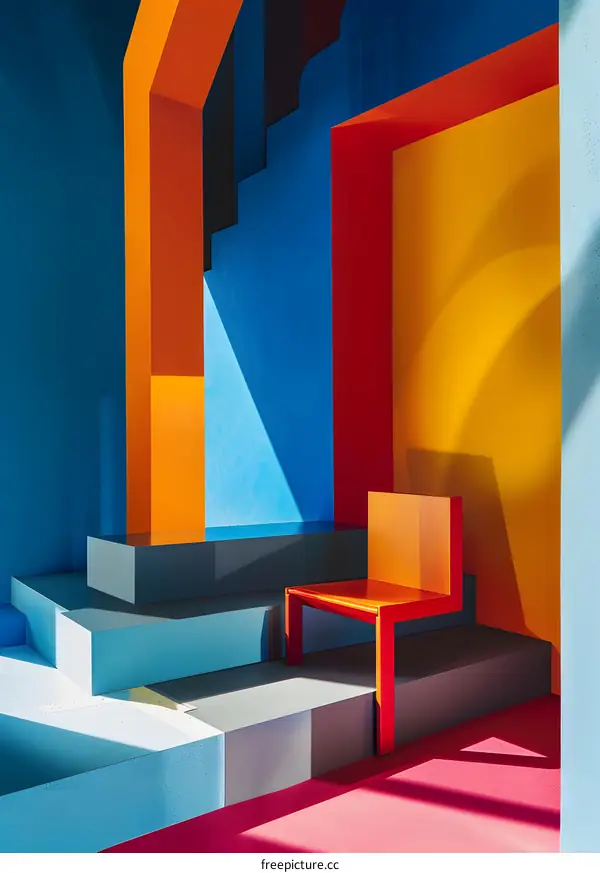 Abstract Minimalist Interior Design with Colorful Walls and a Red Chair