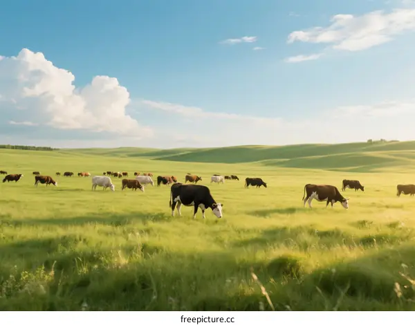 Cows grazing on green grass under blue sky with white clouds