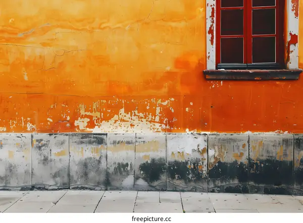 Orange Wall with a Red Window and Weathered Stone Base