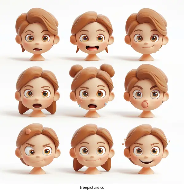 3D cartoon characters with different facial expressions